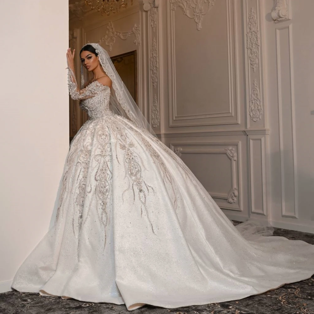 Gorgeous Ball Gown Wedding Dress Off Shoulder Long Sleeves Bridal Gowns Sequins Appliques Pearls Sweep Train Dresses Custom Made vestidos de novia