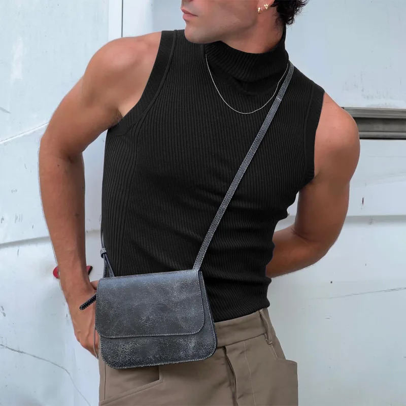 Mens sexy tight solid color vest top high neck sleeveless gym casual vest party basic shirt S-3XL 250403