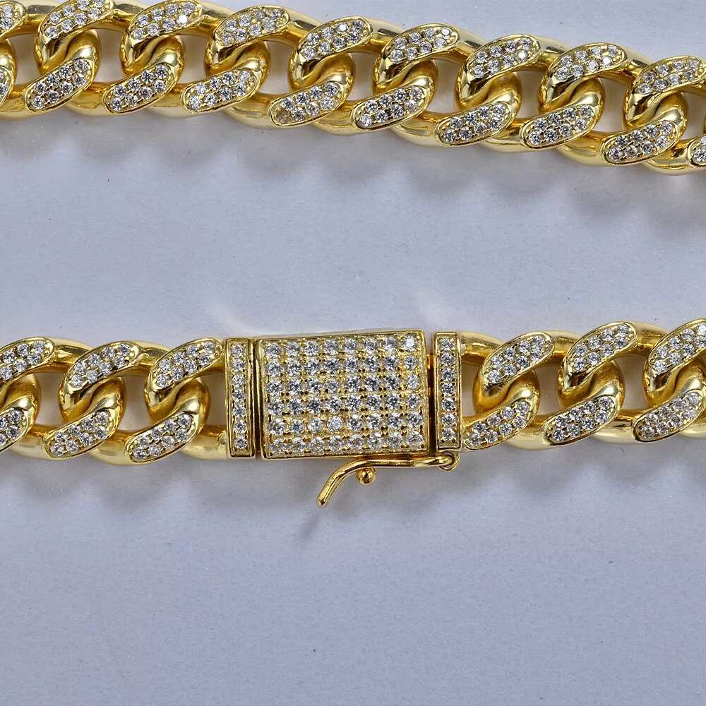 Iced Out 925 Silver Real 14K Yellow Gold Plated Round Cut Moissanite Zircon Diamond Cuban Link Bracelet for Mens