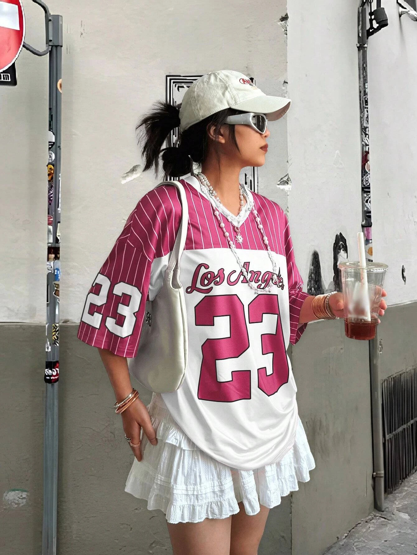 INAWLYNS womens casual sports style # 23 and letter stripe splicing work print loose fashionable Vneck Tshirt short sleeved top 250407