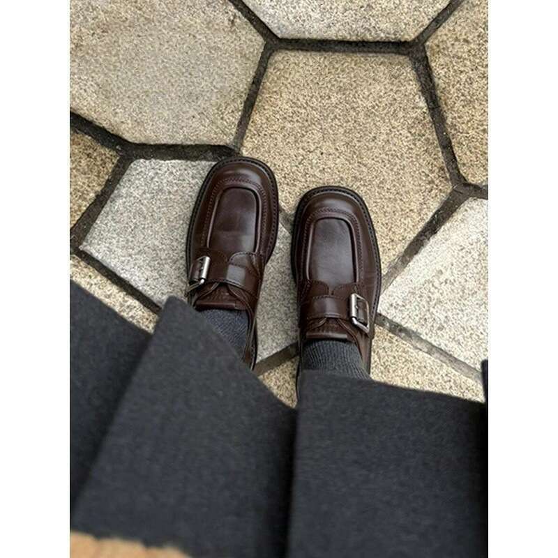 Square Toe Belt Buckle Small Leather For Women 2025 Thick Heel Free shipping College Style Loafers Lazy Versatile Single Shoes