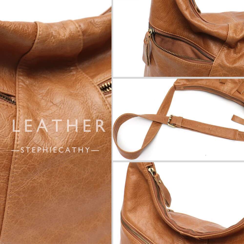 SC Vintage Large Casual Women Shoulder Bag Oil Wax Genuine Leather Multi Pockets Hobo Handbag Retro Daily Crossbody Purse