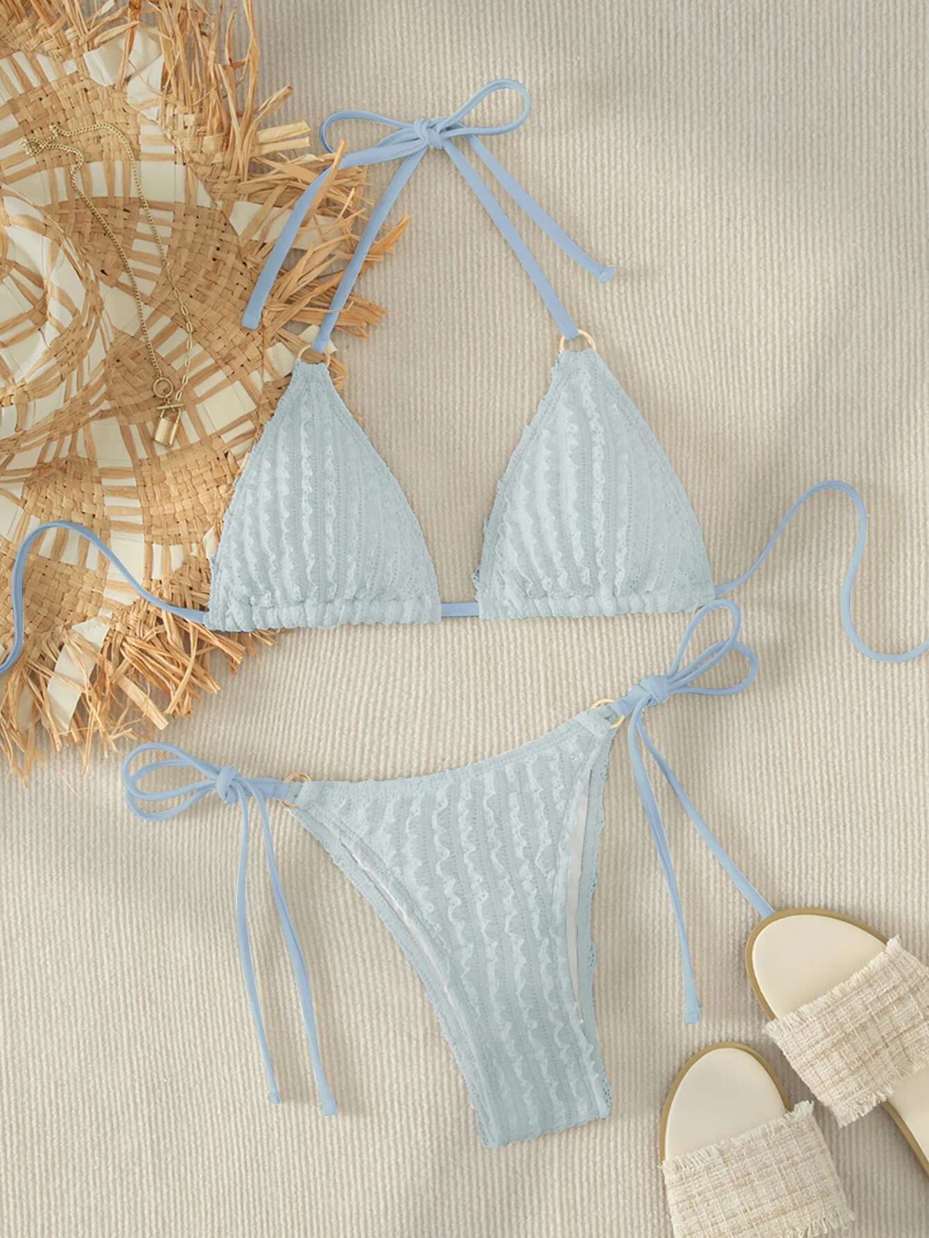 Dongdumaoyi Sexy Pink Bikini Women Halter Ring Linked Push Up Set White Tie Side Thong Swimsuit Bathing Suit Micro Swimwear