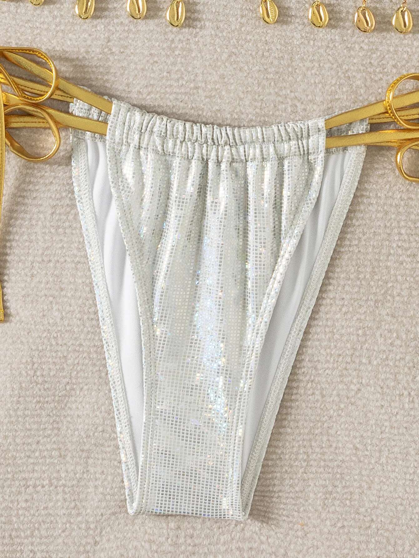 Dongdumaoyi Shiny Shell Women S Bikinis Sets Sexy White Snakeskin Print Thong Tassel Two Piece Swimsuit Beach Vacation Bathing Suit Swimwear