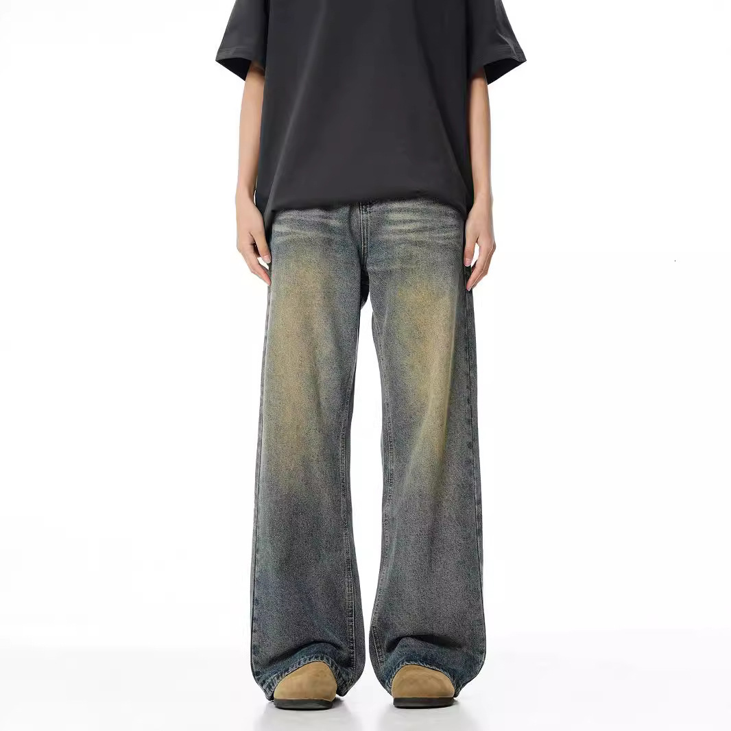 American floor mopping jeans for men high street ins trendy brand washed cat whiskers loose and wide legs hanging down feeling long pants 241114