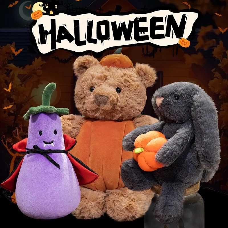 Creative Pumpkin Bear Plush Toys Soft Black Rabbit Hold Pumpkin Earphone Cloak Eggplant Stuffed Doll Halloween Trick Or Treat C251107