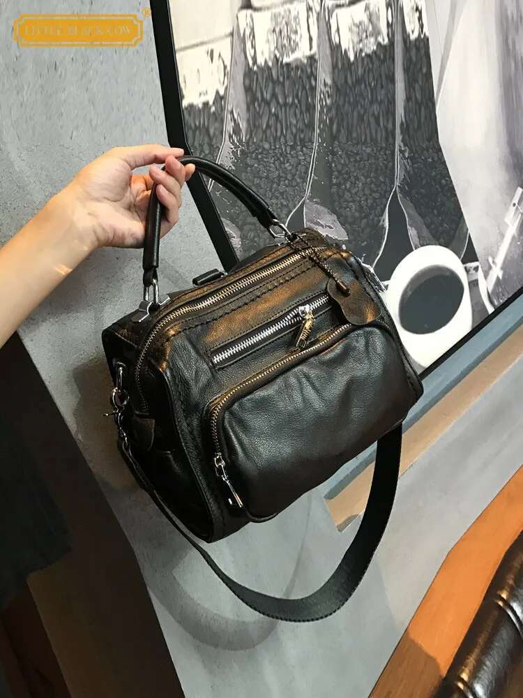 Black Genuine Leather Women Handbag Fashion Zipper Cowhide Totes Single Shoulder Simple Solid Color Casual Crossbody Bags