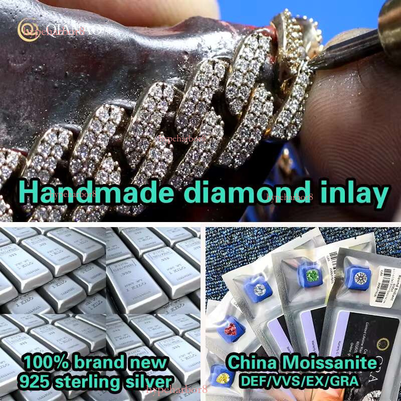 High Quality solid Hip Hop Jewelry 8mm Sier VVS Moissanite Dia Iced Out Cuban k Chain bracelet For Men