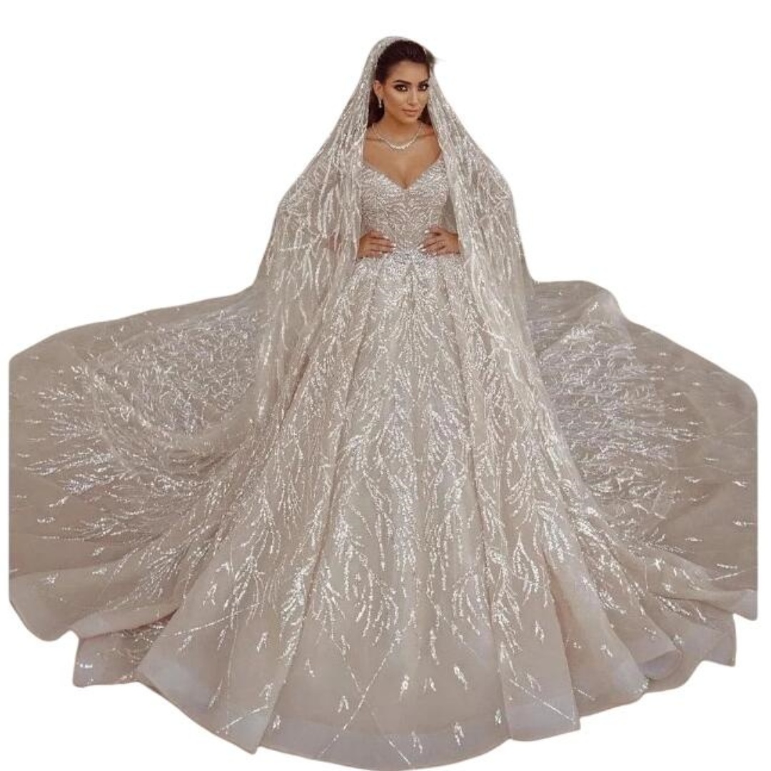 Customized Ball Gown V Neck Arabia Wedding Dresses Sparkly Glitter Long Sleeve Sequin Beaded Sweep Train Bridal Gowns