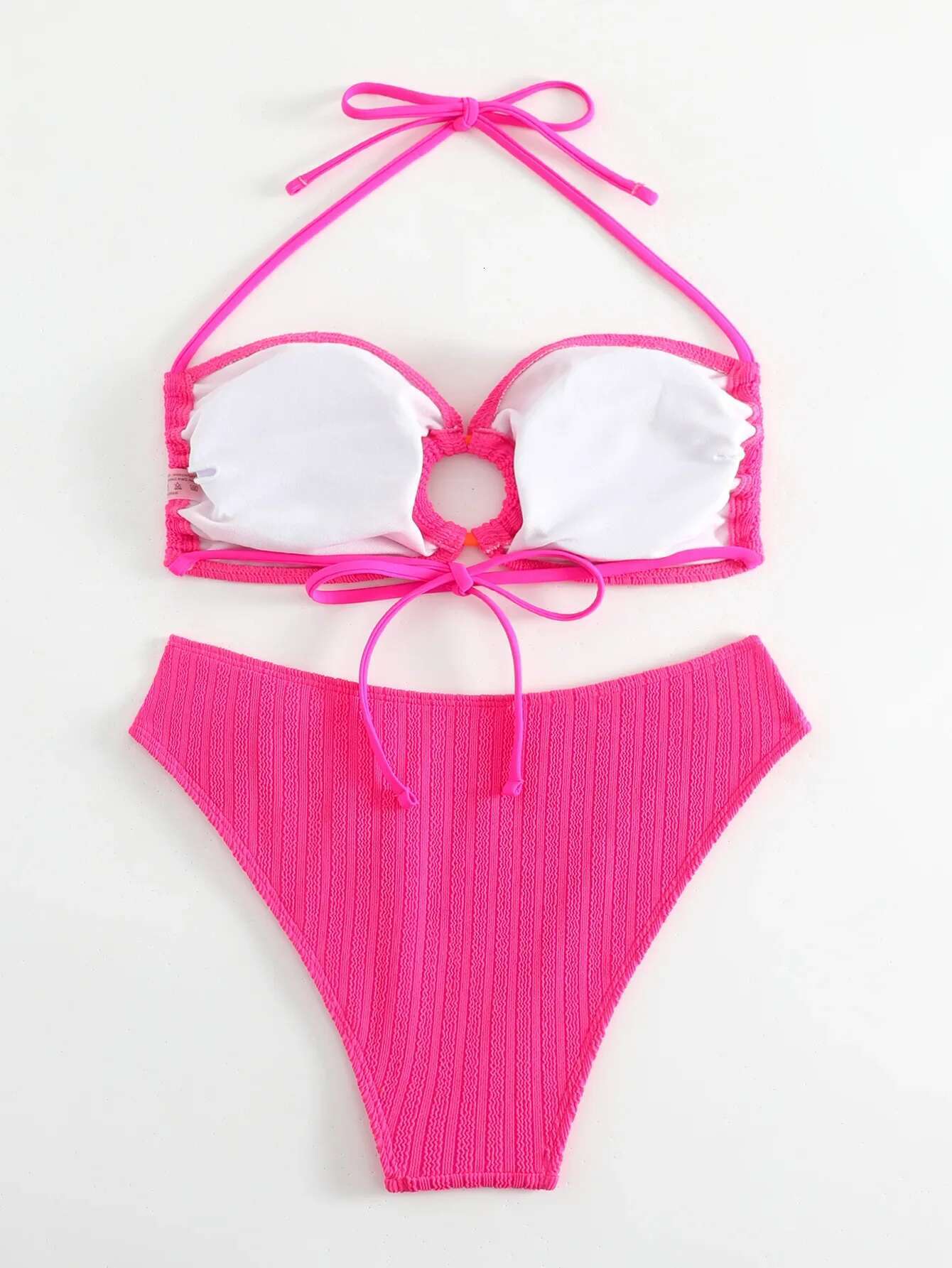 Dongdumaoyi Sexy Ring Linked Bikini Solid Hot Pink Bandeau Push Up Hollow Out High Waist Swimsuit Women Summer Bathing Suit Swimwear