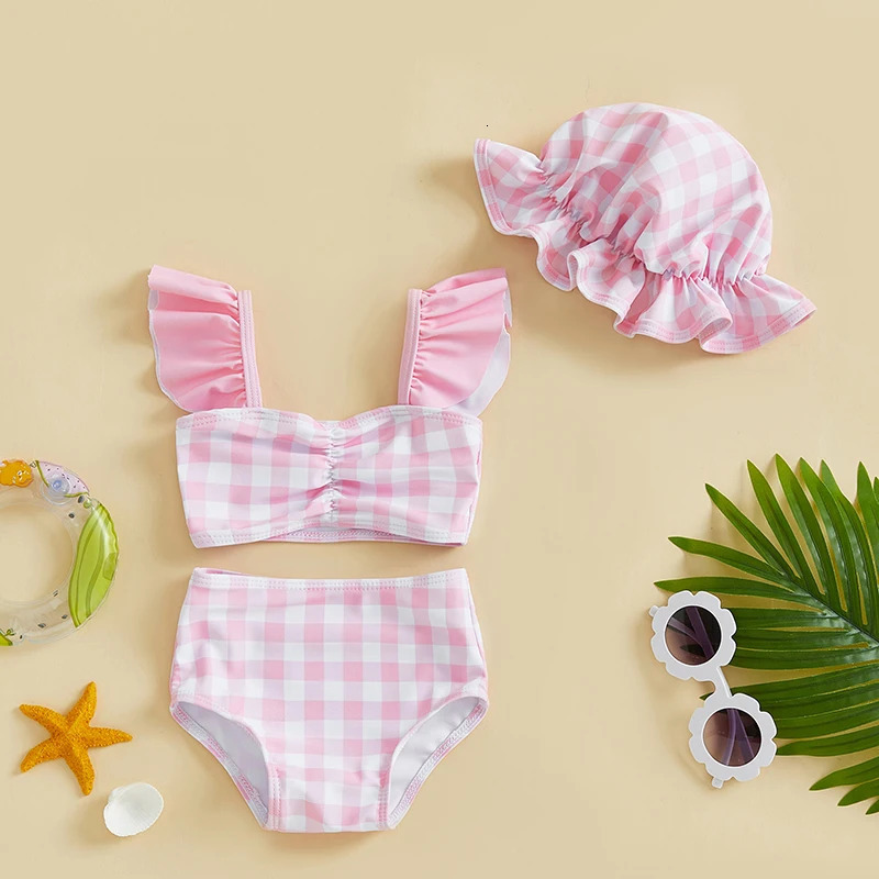 0-36months Toddler Girl Bikini Set Swimsuit Plaid Print Flutter Sleeves Tank Tops with Shorts and Hat Bathing Suit 250407