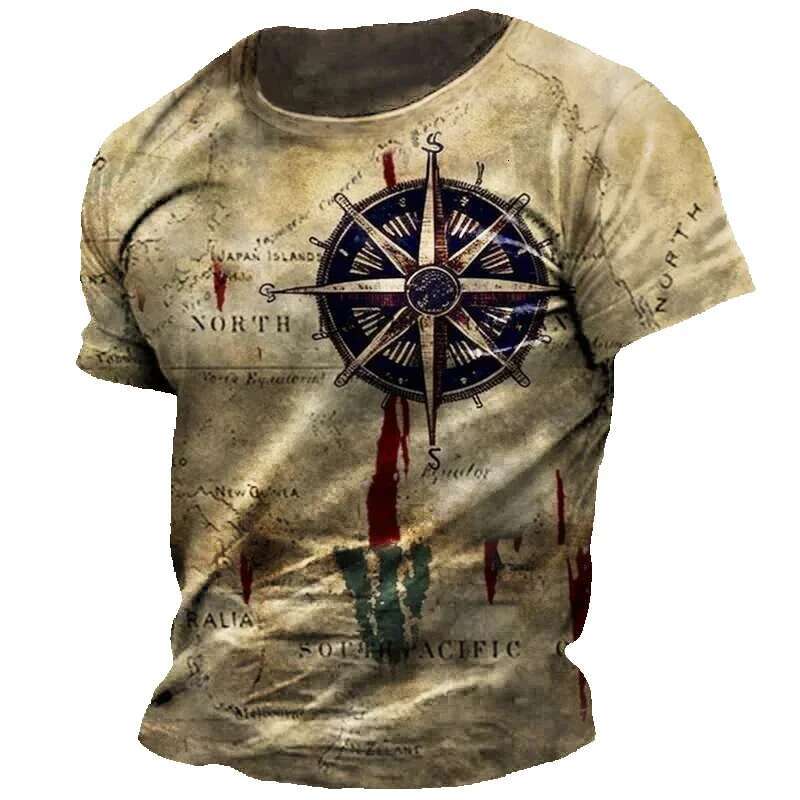 Retro American summer shirt, printed compass top, short sleeved T-shirt, loose fit, men's daily wear, casual streetwear