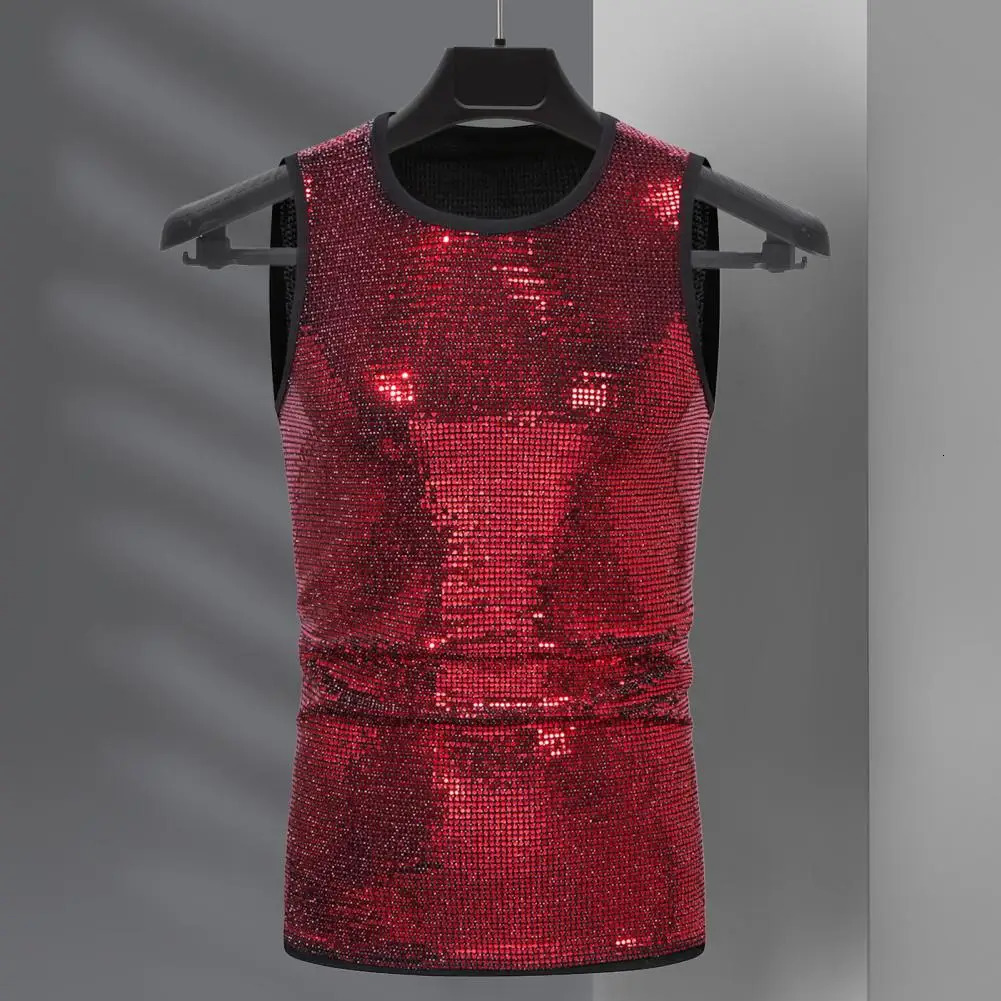 Men Casual Vest Mens Shiny Metallic Sleeveless Vest for Club Performance Stage Show Slim Fit Stretchy Tank Top with Round Neck 250407