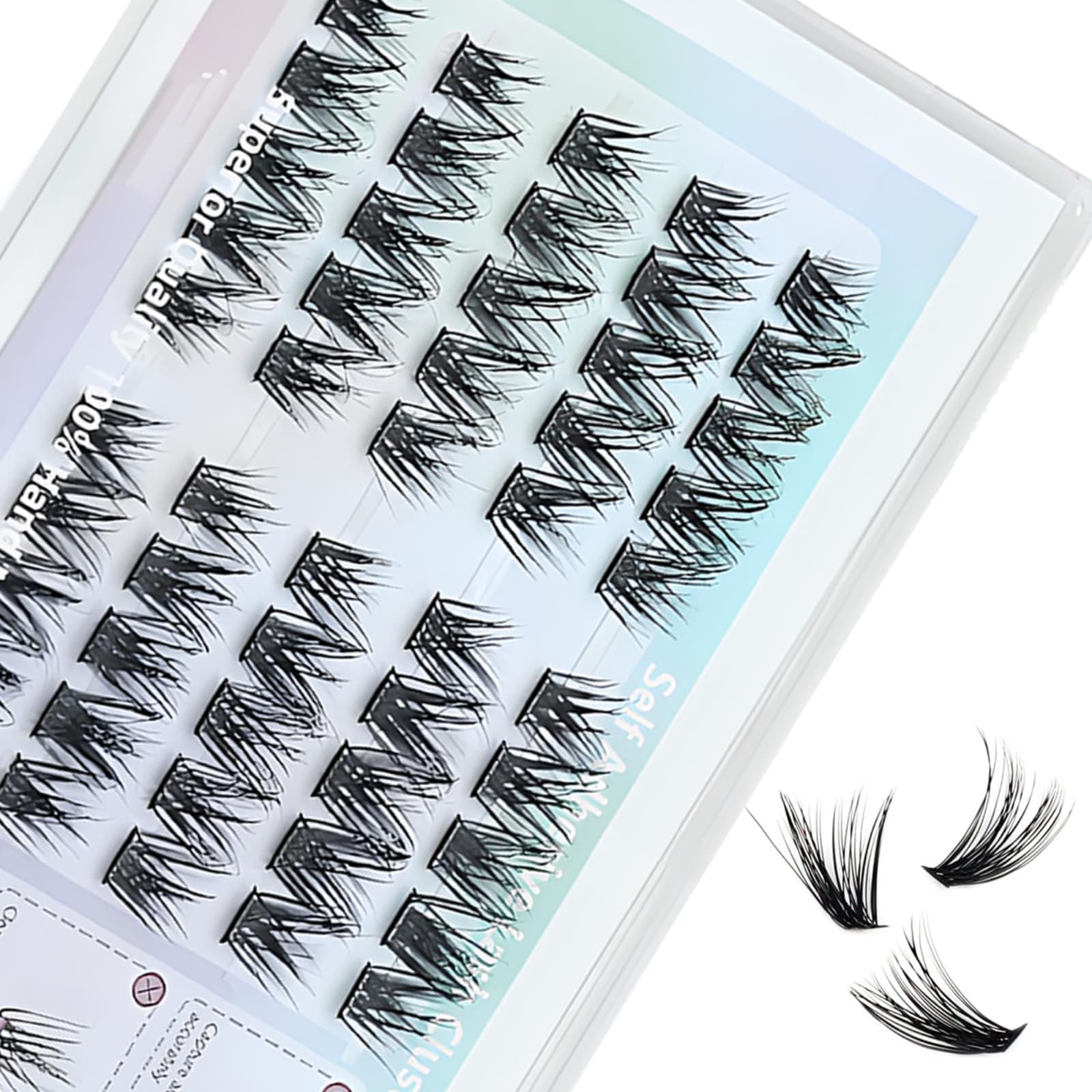 Self-Adhesive False Eyelash Set-Reusable, Glue-Free, Perfect for Home DIY, Beginner-Friendly. Dense black lashes feature an easy-to-apply cluster design.