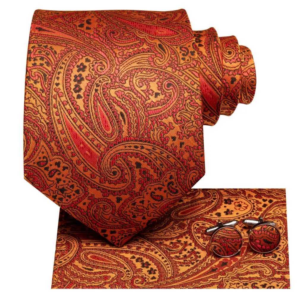 Hi-Tie Designer Orange Paisley Silk Wedding Tie For Men Handky Cufflink Gift Mens Necktie Fashion Business Party Dropshiping X250407