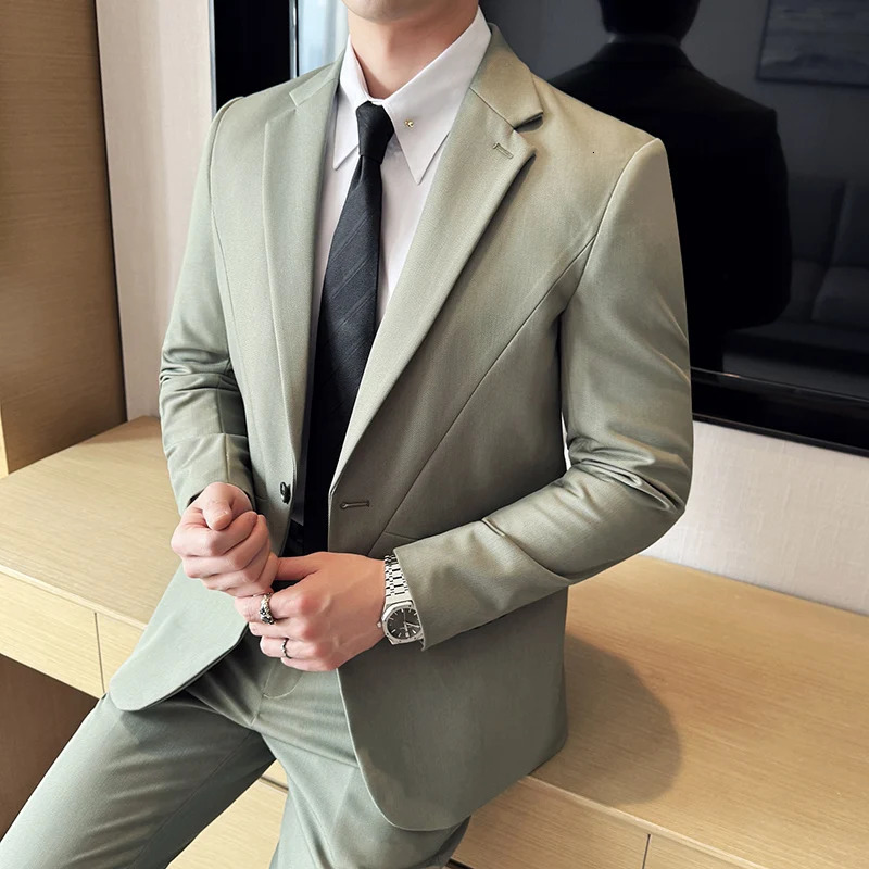 JacketPants Mens Solid Color Business Social Wedding Party Set Fashion Mens Banquet Ultra Thin Fit Dress Jacket and Trouser 250402