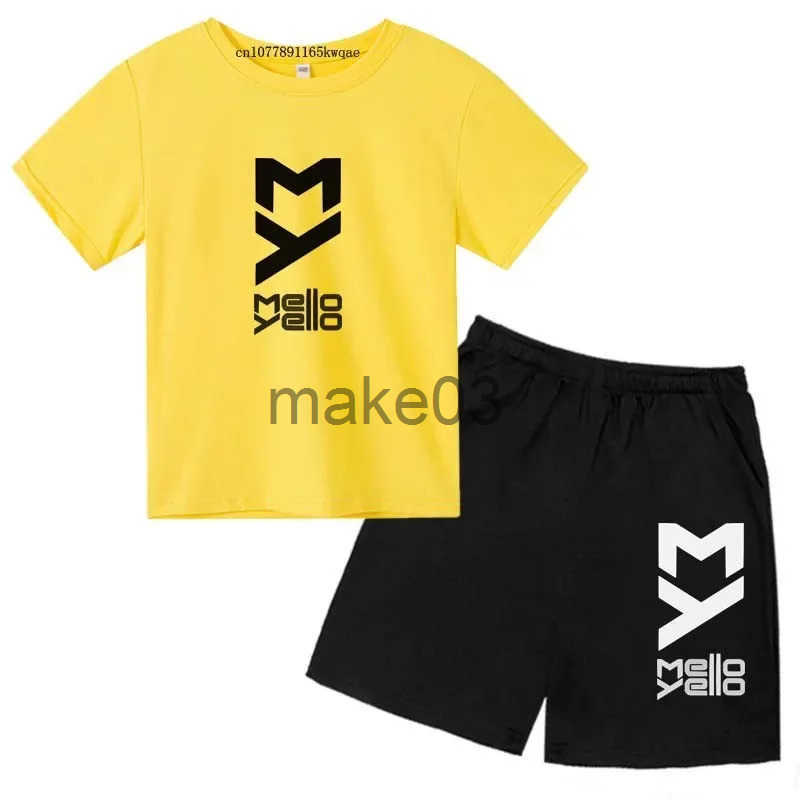Childrens summer printed 2-piece T-shirt+2-piece short sleeved sports suit boys and girls aged 2-13 casual clothing for childrens set J250403