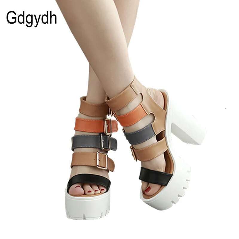 Gdgydh Women High Summer Fashion Ankle Buckle Strap Female Gladiator Sandals Platform Shoes Block Heels