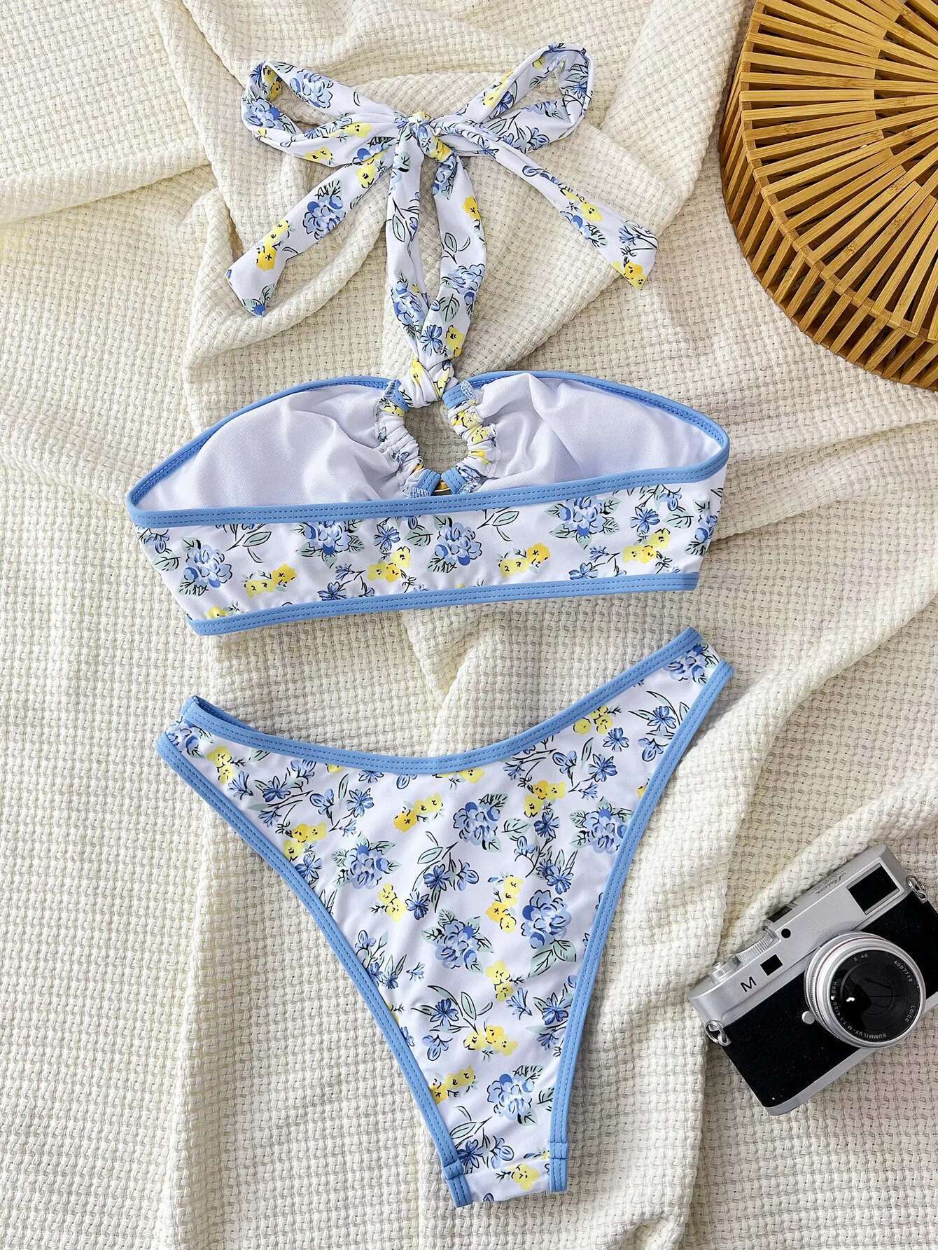 Dongdumaoyi Sexy Blue Floral Print Bikini Set Women Halter Ring Link Pleate Push Up High Waist Swimsuit Bathing Suit Two Piece Swimwear
