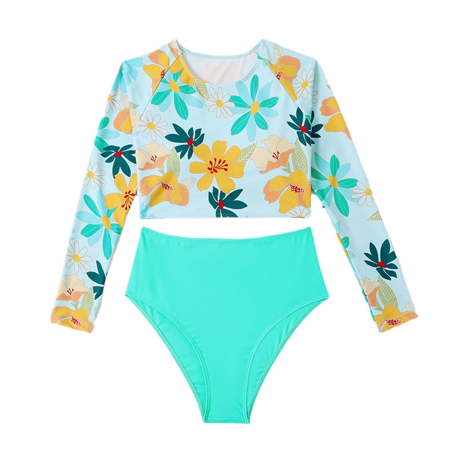 New printed long sleeved pullover vest style solid color triangle pants split bikini swimsuit