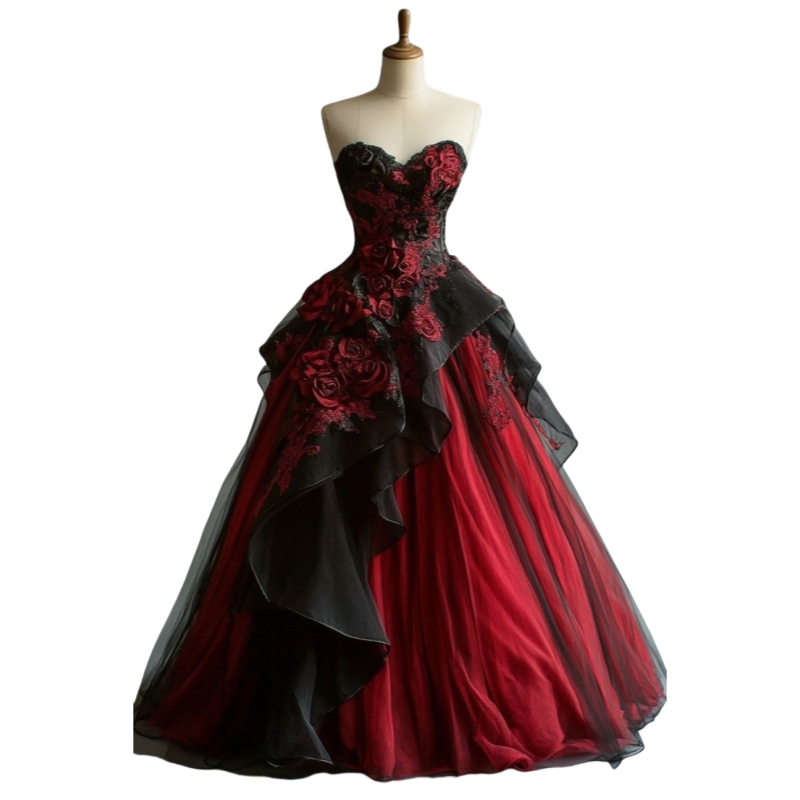 Draped Black And Dark Red Gothic Wedding Dress Flowers Lace Appliques Sweetheart Sleeveless Corset A-Line Long Vintage Bridal Gown Steampunk Halloween
