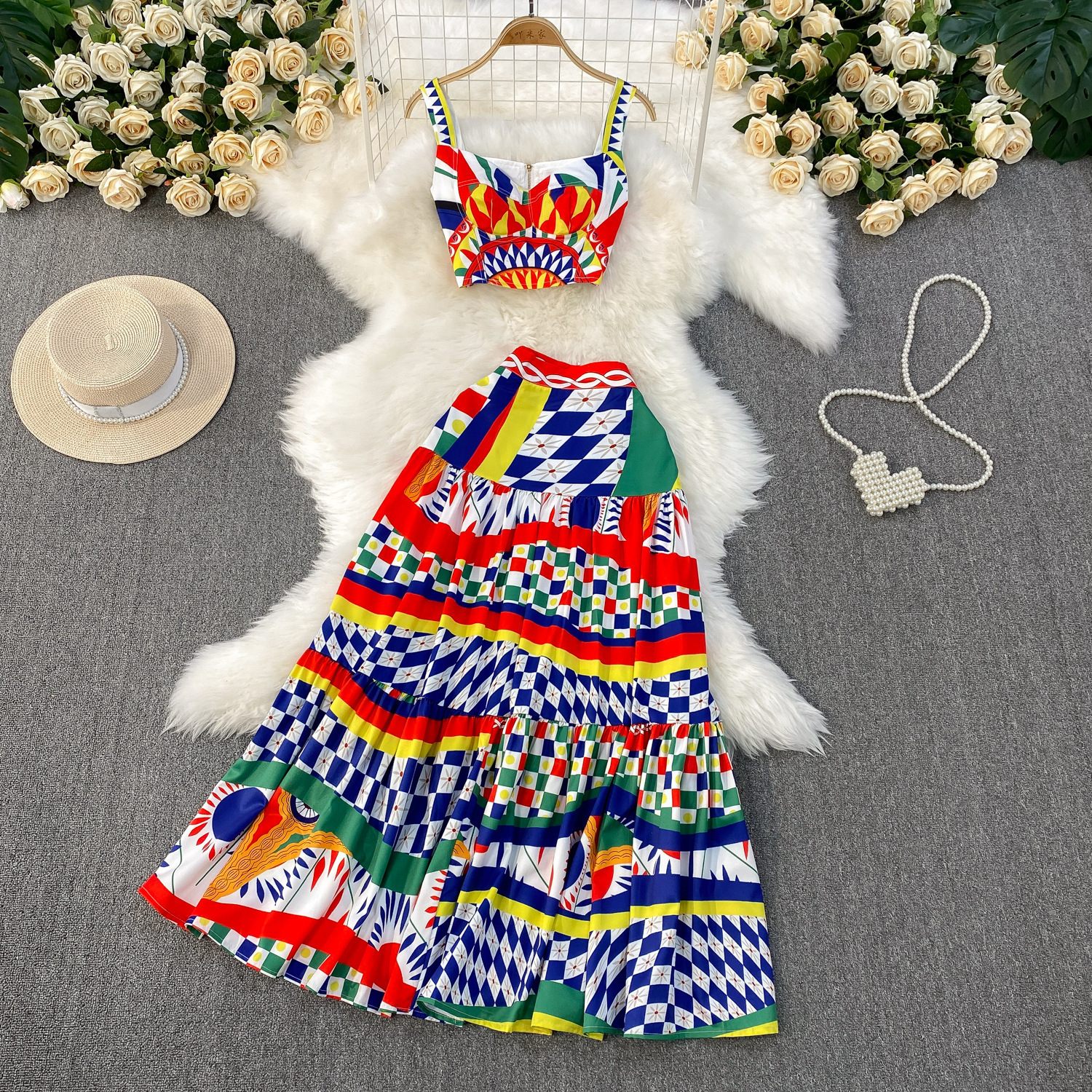 Two Piece Dress Summer Boho Beach Holiday Two Piece Set Women Skirt Suit Sexy Strapless Crop Top And High Waist Pleated Long Skirt Outfits 230801