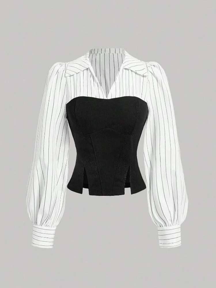 Women's Striped Spliced Lapel Shirt Elegant Fashion Style Business Casual Office Wear