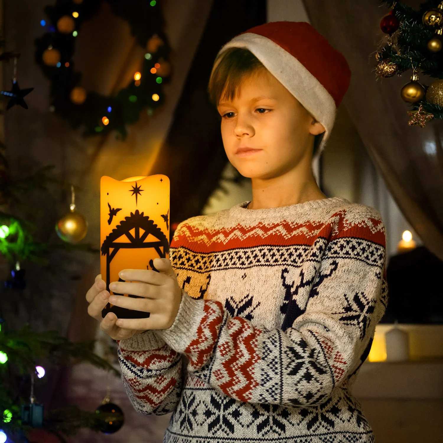 5pcs Flameless LED Christmas Nativity Scene Candle Lights Battery Powered Religious Pillar Decoration for Indoor Holiday Home W251107