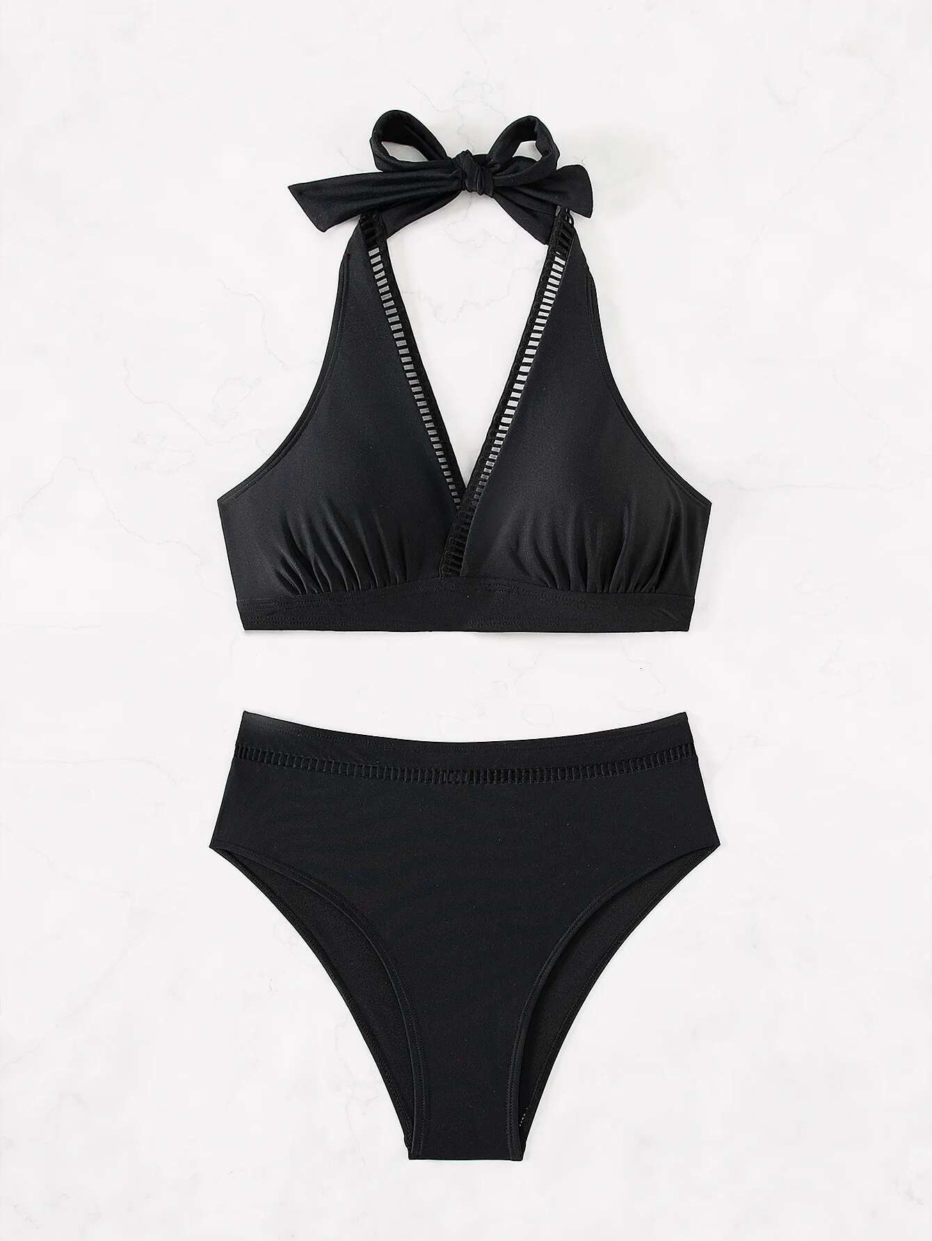 Dongdumaoyi Sexy Mesh Patchwork Bikini Set Women Black Halter Hollow Out Push Up Bra High Waist Swimsuit Beach Bathing Suit Swimwear