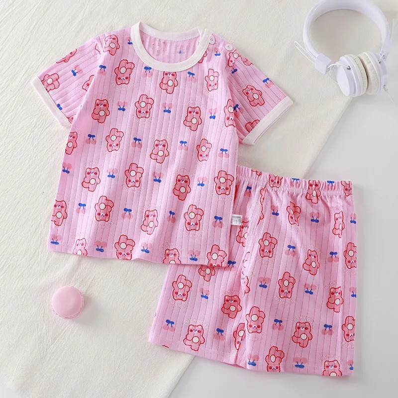 Kids Boys Girls Summer Clothing Sets Children Cute Cartoon Print Short Sleeve T-Shirt Tops with Shorts Toddler Baby Pajamas 250407