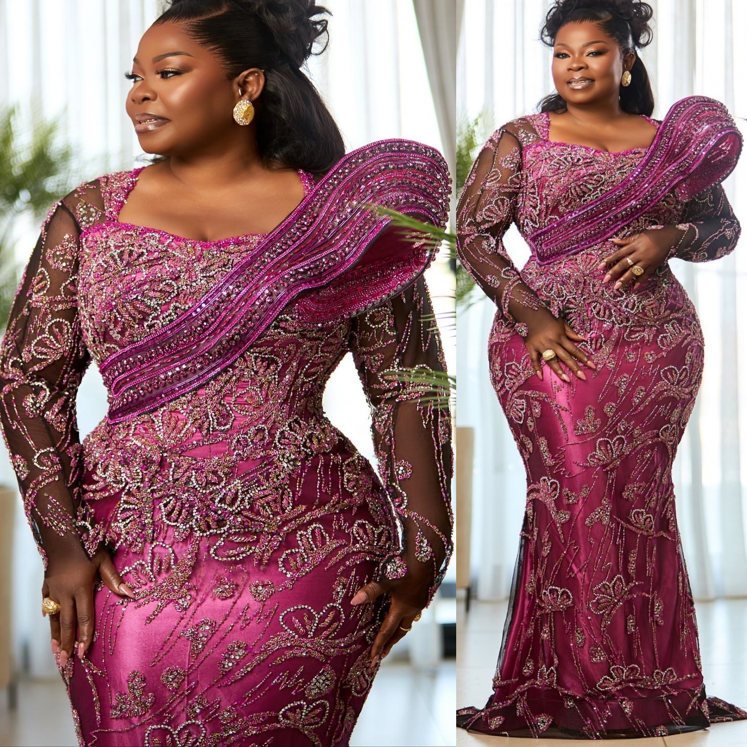 Aso Ebi Fuchsia Mermaid Prom Dresses 2026 Floral Lace Crystals Beaded Evening Formal Party Second Birthday Engagement Gowns Plus Size Dress For Specia