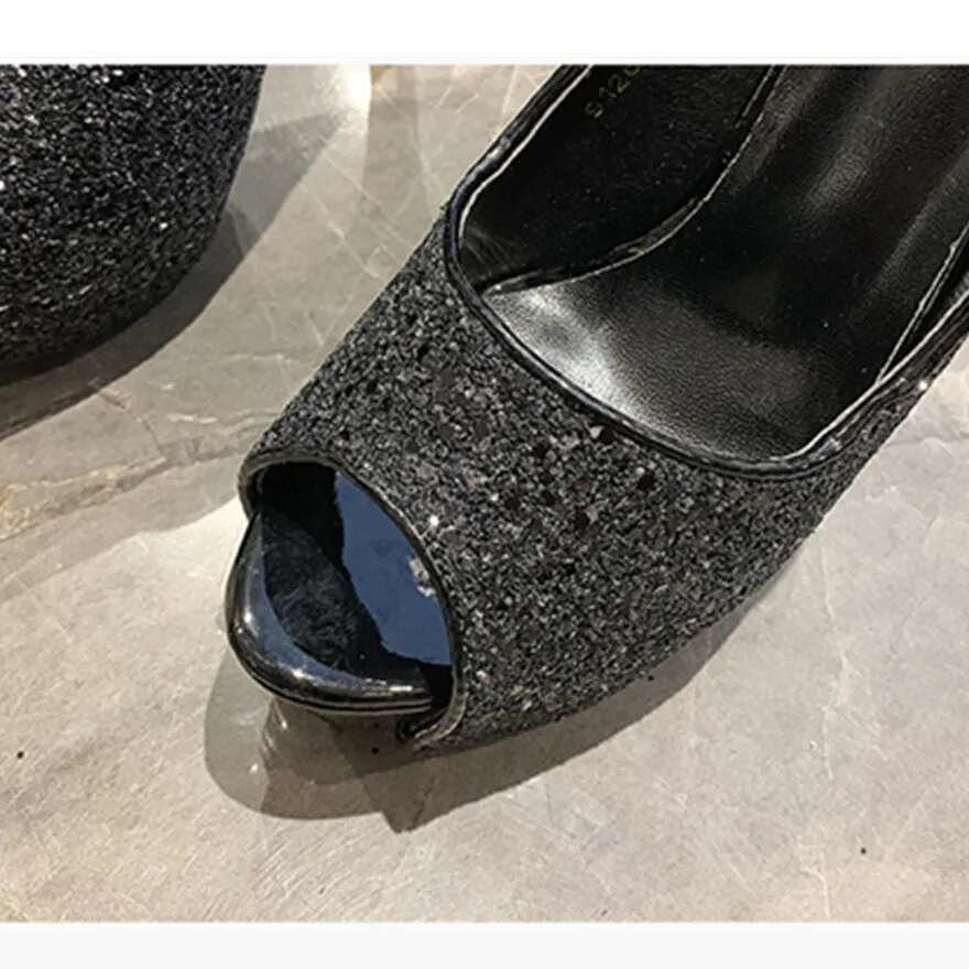 10/12/14Cm Super High Heels Women Pumps 2024 Autumn Fashion Sequined Cloth Peep Toe Shoes Black Platform Sexy Ladies Party Dress