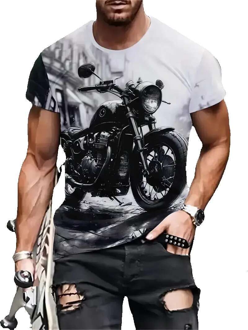 Men's 3D printed short sleeved T-shirt, round neck top, retro fashion, motorcycle pattern, breathable street trend, new, 2024