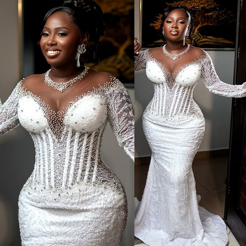 2025 Plus Size Mermaid Wedding Dress For Bride Bridal Gowns Long Sleeves Sheer Neck Long Sleeves Beaded Lace Tiered Tulle Wedding Gowns For African Bl