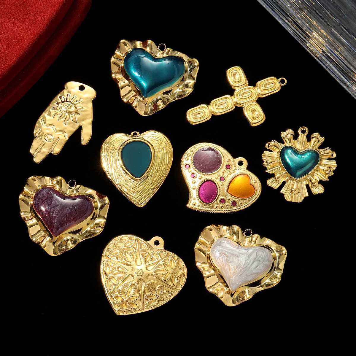 3pcs/Lot French Retro Stainless Steel Enamel Love Heart Necklace Pendant Hamsa Hand DIY Earring Charm Women Big Cross JewelryXJ251107