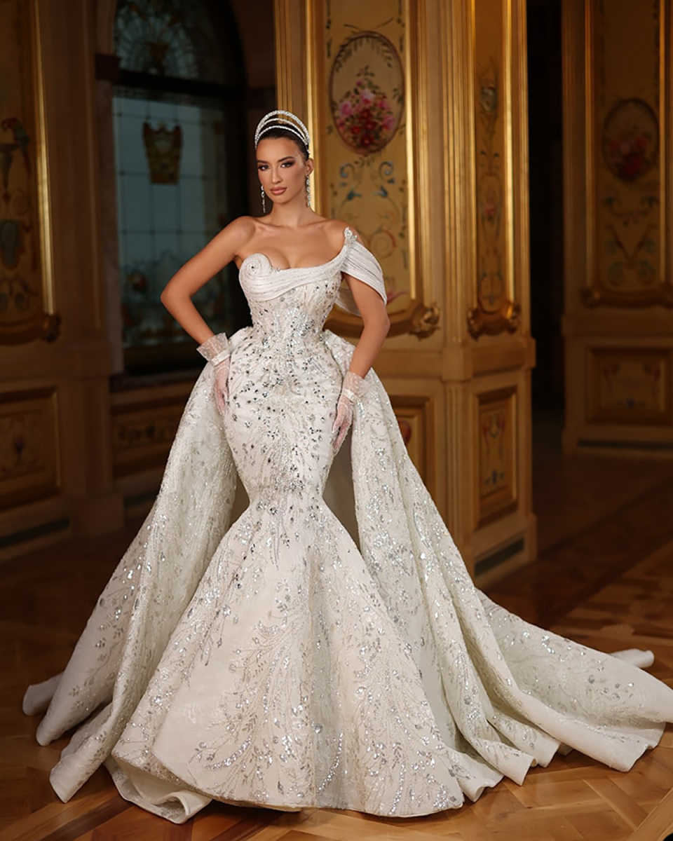 New Mermaid Wedding Dresses Elegant Ball Gown Bride Dress Crystal Lace Bridal Gown Detachable Train Robe De Vestido HOT SALE Customized Plue Size H254
