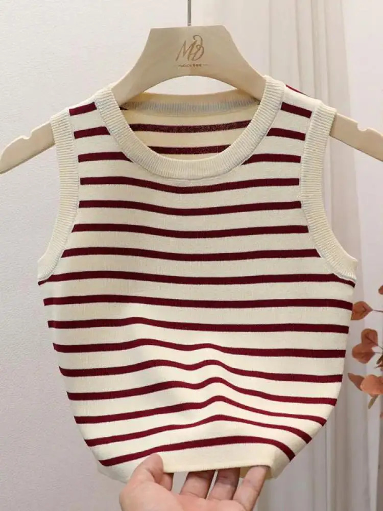 Summer Spring Striped Vest Womens Sleeveless Knitted Tshirt Crop Top Elastic Ultra Thin Casual Zipper 250407
