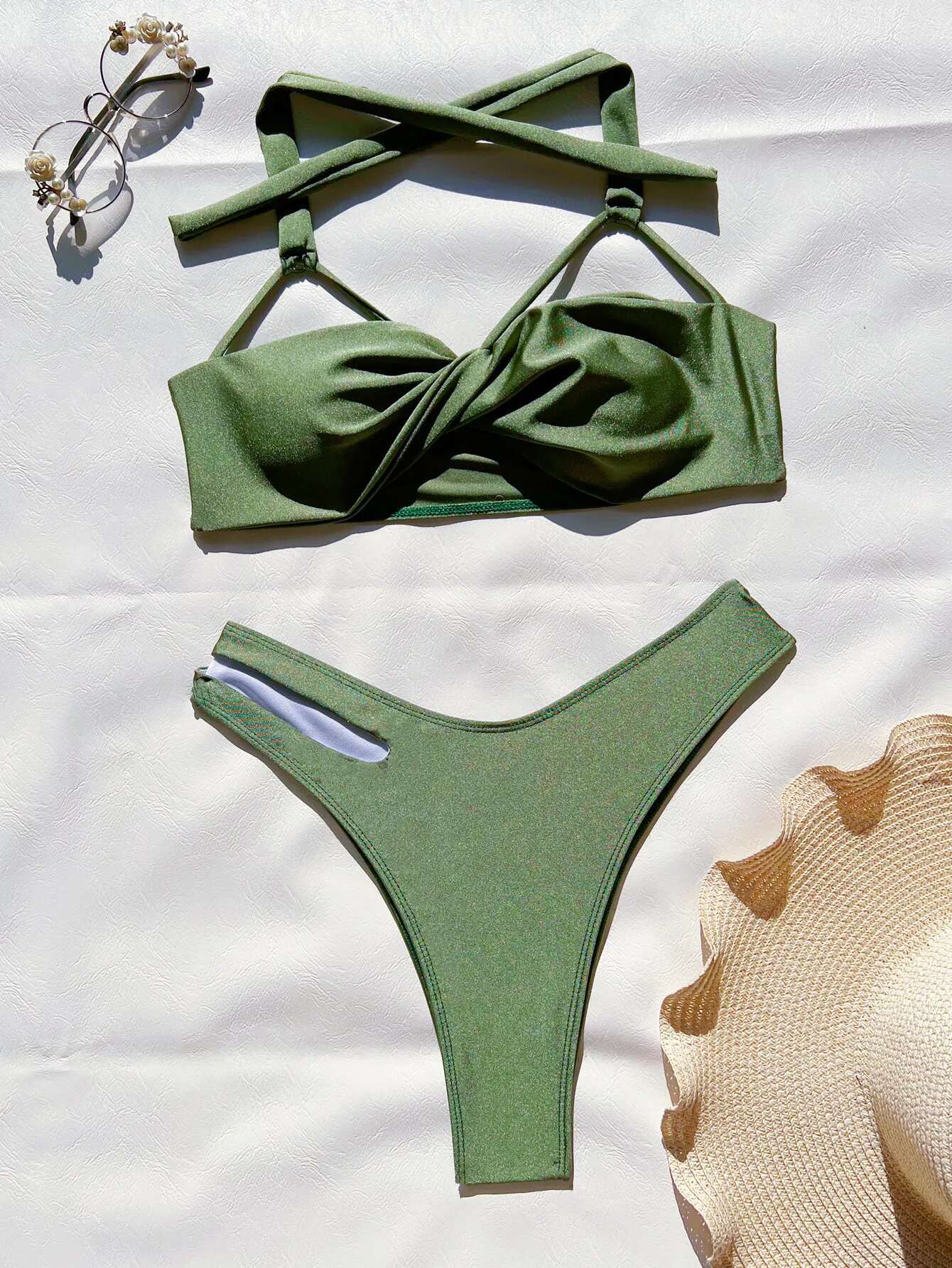 Dongdumaoyi Sexy Green Bikini Women Halter Cut Up Cross Backless Push Pad Swimsuit Beach Bathing Suit Hollow Out High Waist Swimwear