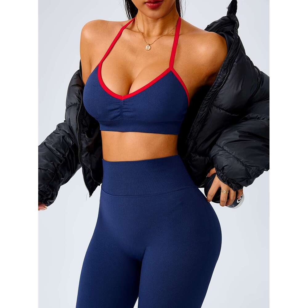 2Pcs Seamless Women's Sportswear Set, Contrast Color Halter Neck Detachable Padded Sports Bra And High-Waisted Butt Lifting Leggings - Soft & Com