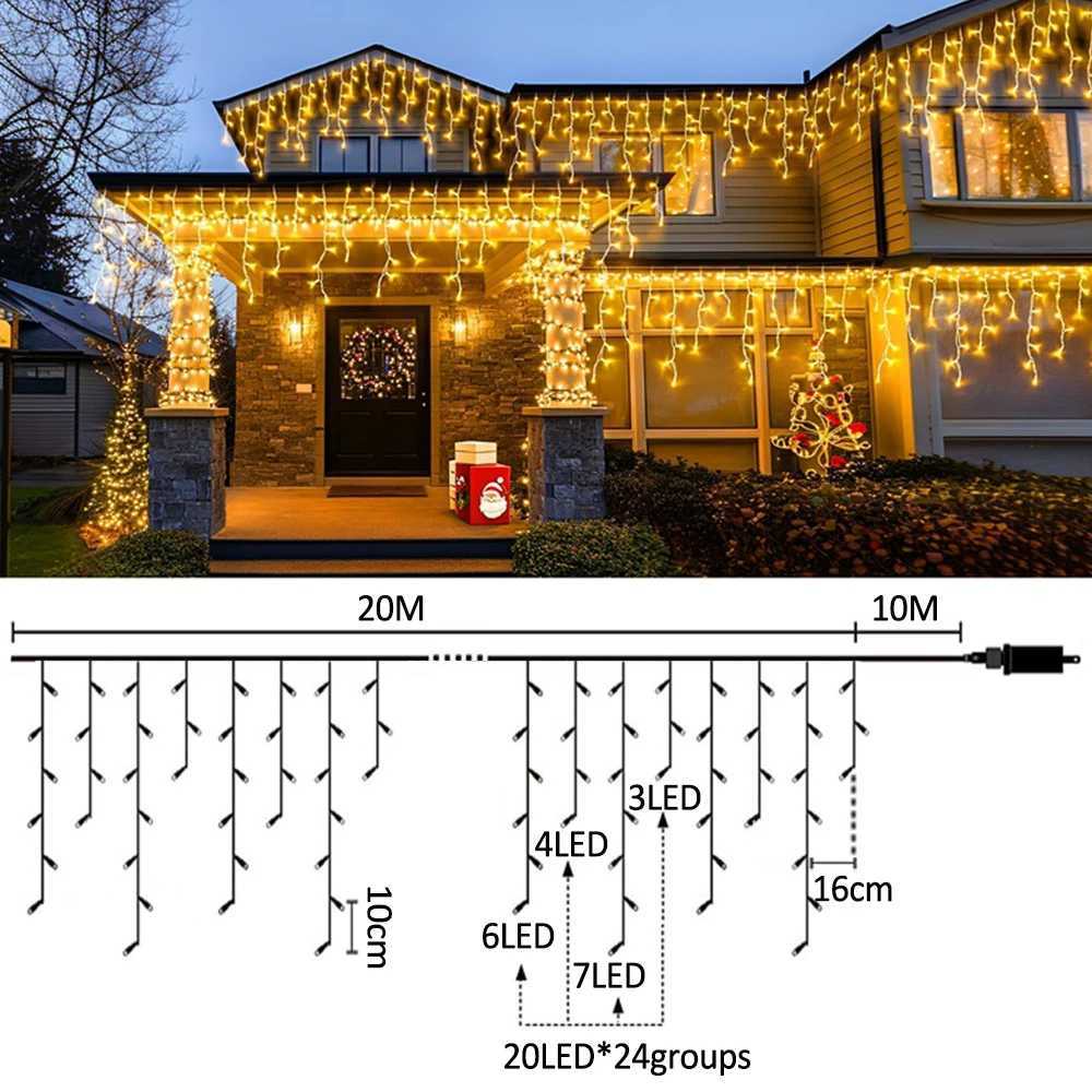 65/20M 200/LED Icicle String Lights Christmas 40Drops 8 Modes Plug in Curtain Waterproof for Holiday Wedding Party Home Garden W251107