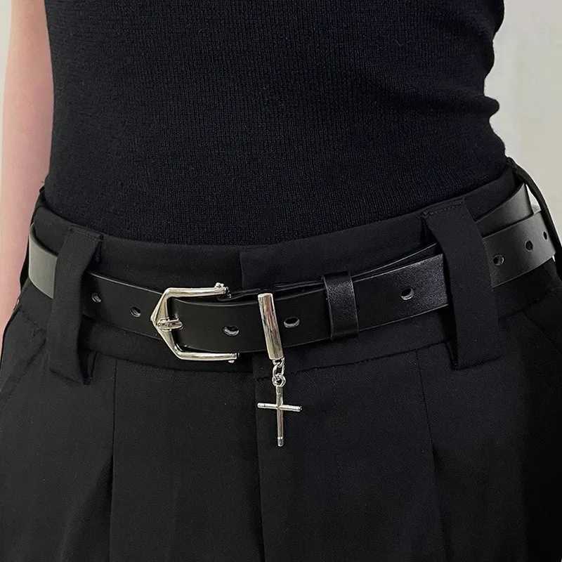 Fashion Cross Pendant Black PU Leather Belts Metal Pin Buckle Belt for Women Men Punk Hip Hop Waistband Jean Pants AccessoriesT251107