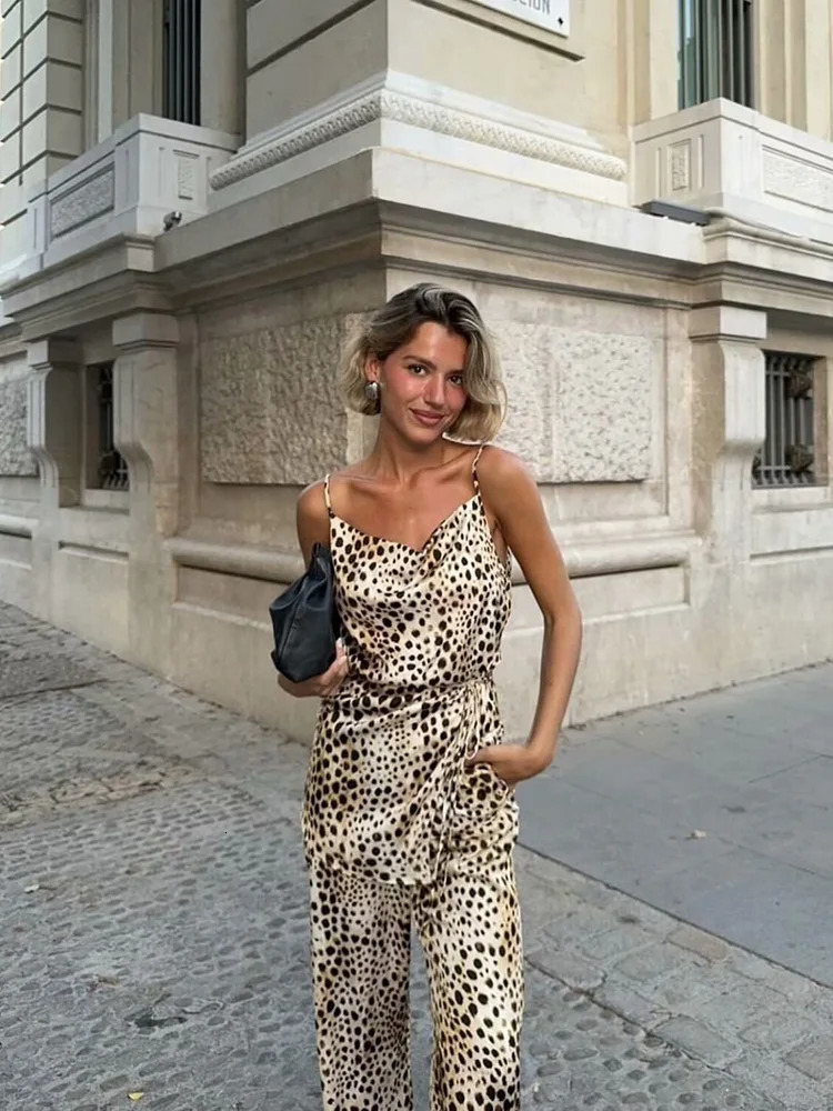 TRAF Womens Animal Printed Tie Embossed n Cami TopHigh Waist Wide Leg Straight Pants Fashion Two Piece Set 250407