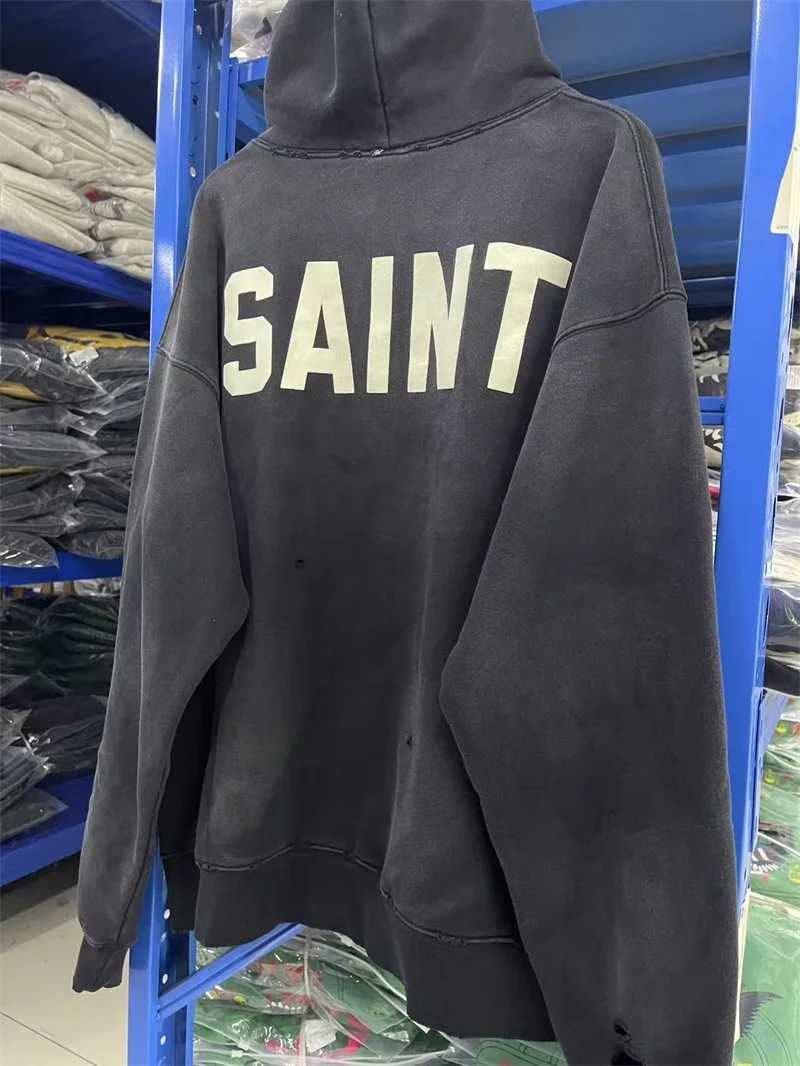 Black Washed Saint Michael Mens Hoodies SAINT Letter Printing Oversized Streetwear SweatshirtY251107