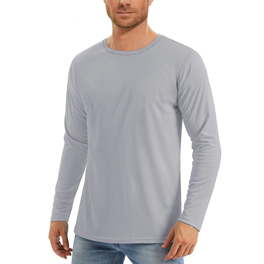 UPF50 Mens Sunscreen UV Protection T-shirt Solid Color Long-sleeved Round Neck Outdoor Hiking Fishing Quick-drying Tops 250407