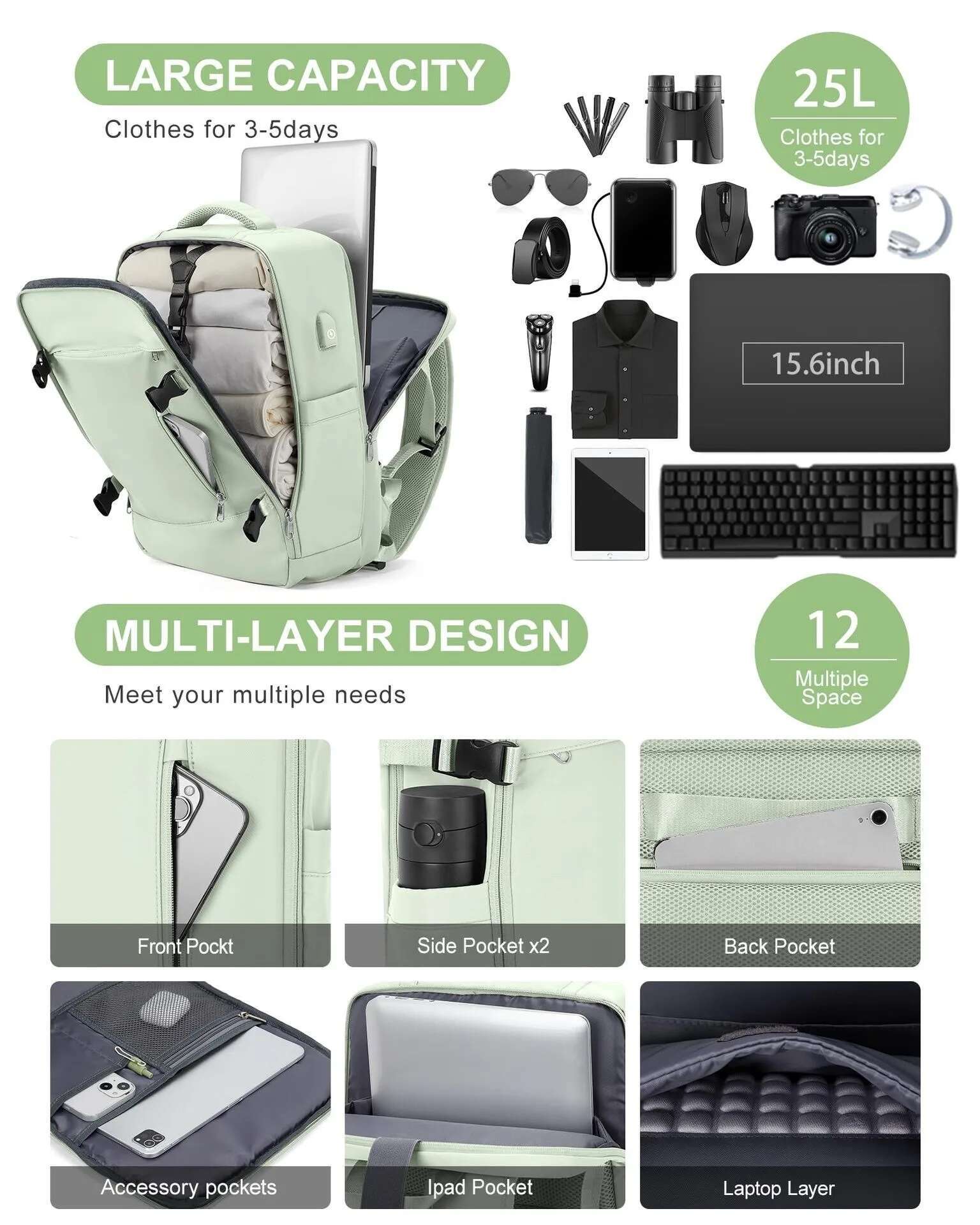 Large Travel Backpack Laptop Bag Women Men Carry On Lage Students Business Trip USB Charge Extendible 40L Weekender Mochila