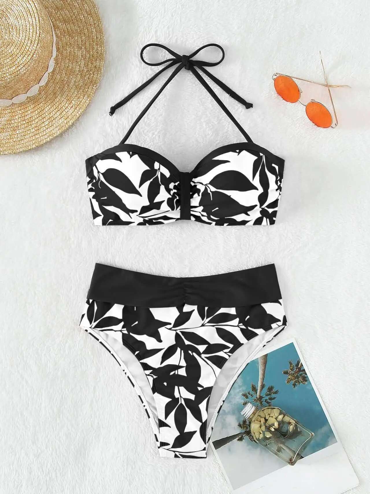 Dongdumaoyi Vintage Black Floral Print Bikini Set Women Halter Pleate Bow Push Up Bra High Waist Swimsuit Bathing Suit Holiday Swimwear