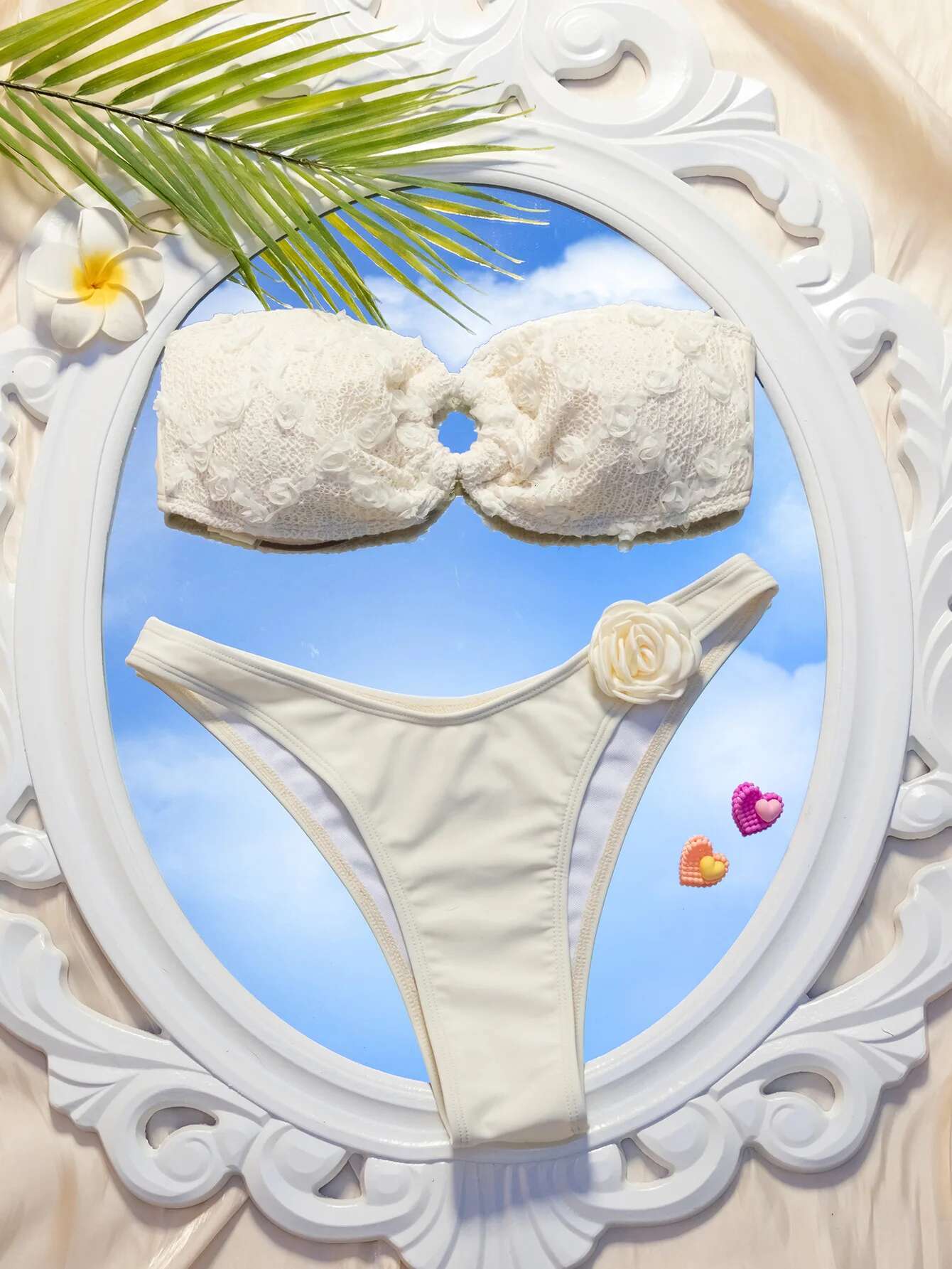 Dongdumaoyi Sexy Bandeau Bikini Women White Mesh D Floral Ring Linked Micro Swimsuit Brazilian Holiday Bathing Suit Thong Swimwear