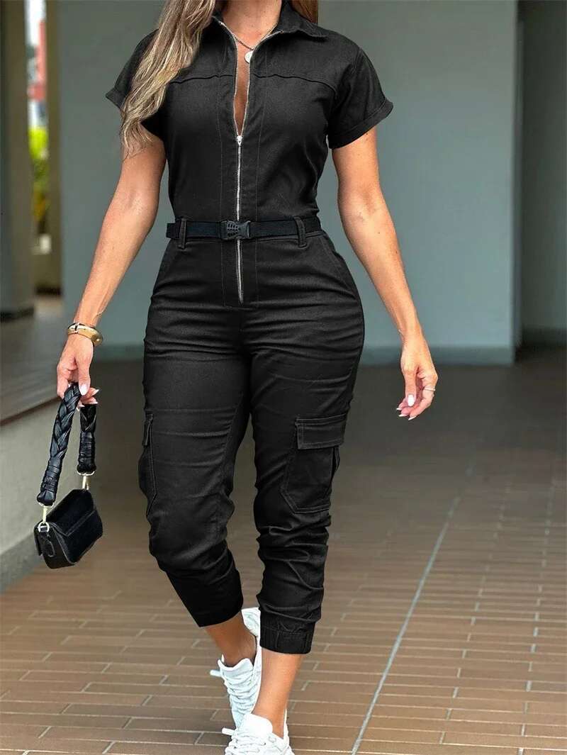 Streetwear Jumpsuits Fall Clothes 2024 Women Short Sleeve Long Pants Safari Style Rompers Playsuits One Pieces Overalls Outfits