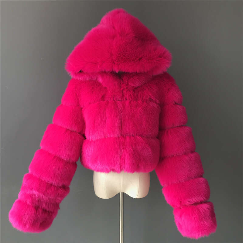 Cross-Border Style Short Hooded Faux Fox Fur Long Sleeve Patchwork Women's Coat In Stock