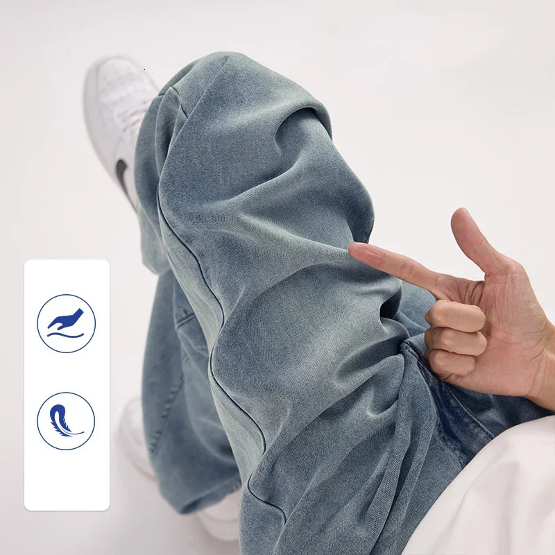 wrinkle resistant soft Lecalle mens jeans thin loose straight fashionable Korean comfortable loose and loose mens jeans 250403